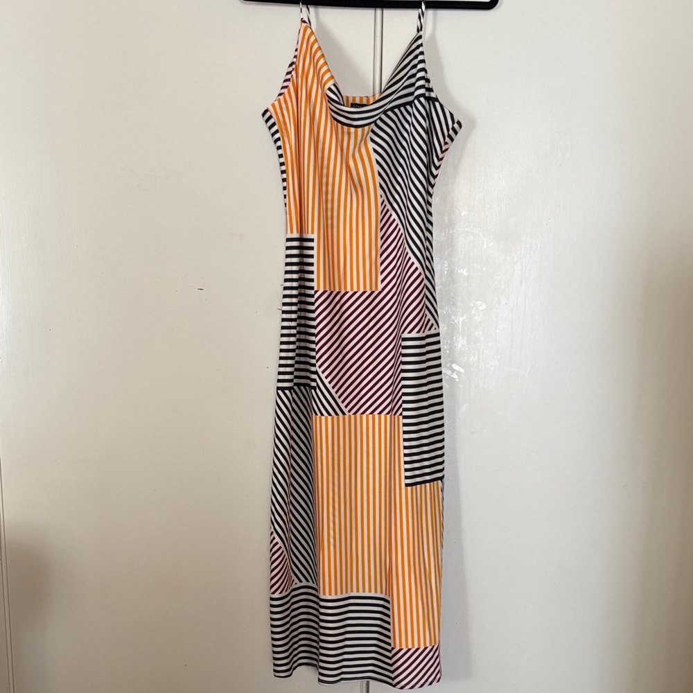 Sara Michelle Striped Patchwork Midi Dress in Orange, Black, and White